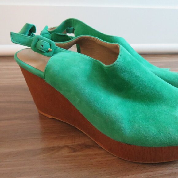 ANTHROPOLOGIE Bow Back Wooden Wedge Peeptoe Sandals in Kelly Green - Size US 10 - Picture 11 of 16